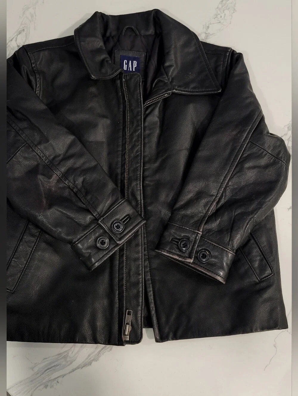 Y2k 2001 GAP Kids Black Leather Zip Jacket Size 4